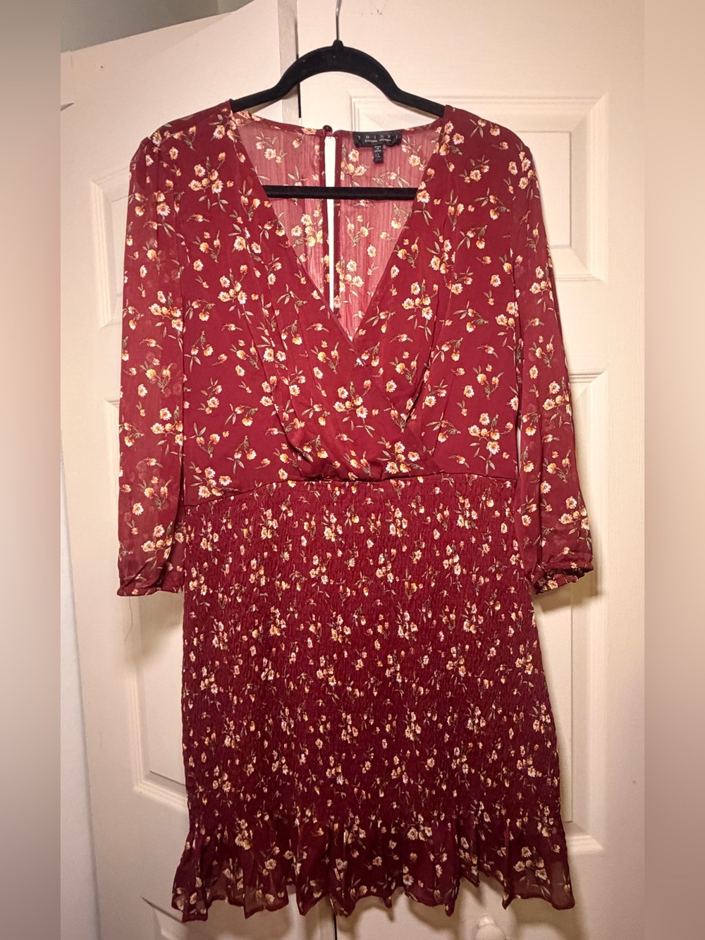 Trixxi Wine Floral Wrap-Front Long Sleeve Smocked Midi Dress